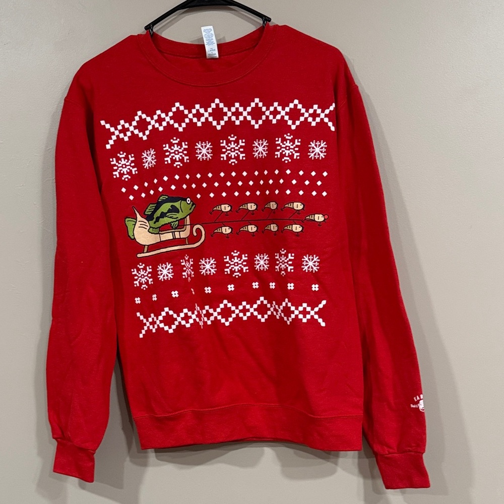 New!  Red Crewneck Sweater with Fish and Snowflake Design